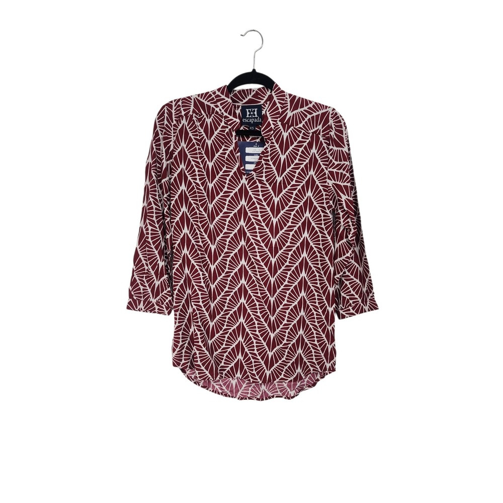 Escapada Womens XS Burgundy White Leaf Print‎ Tunic Shirt Top 3/4 Sleeve